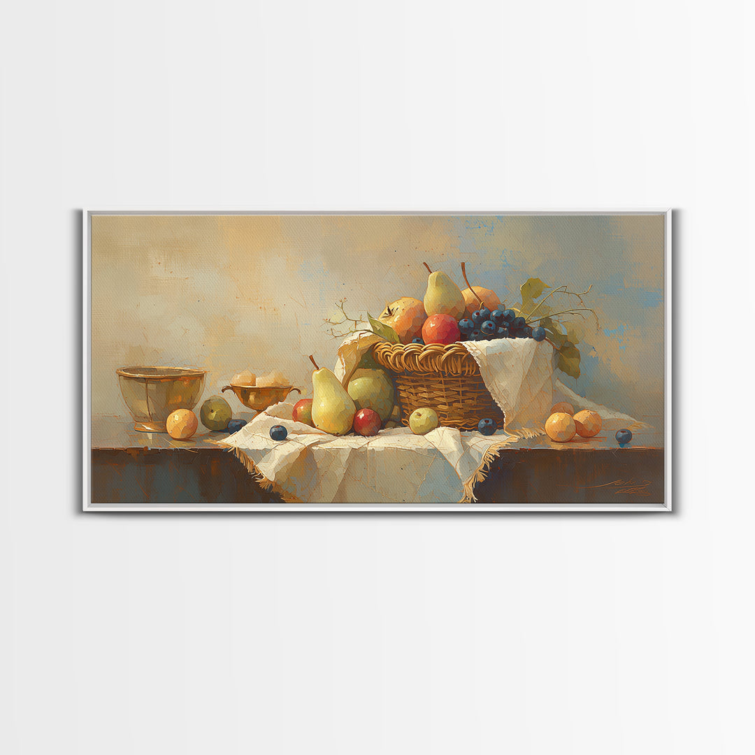 Simple Still Life of Fruit and Linen Framed Canvas Print, General Fine Art, Room Decor, Living Room Decor, Abstract Art, GEN-2x1-12