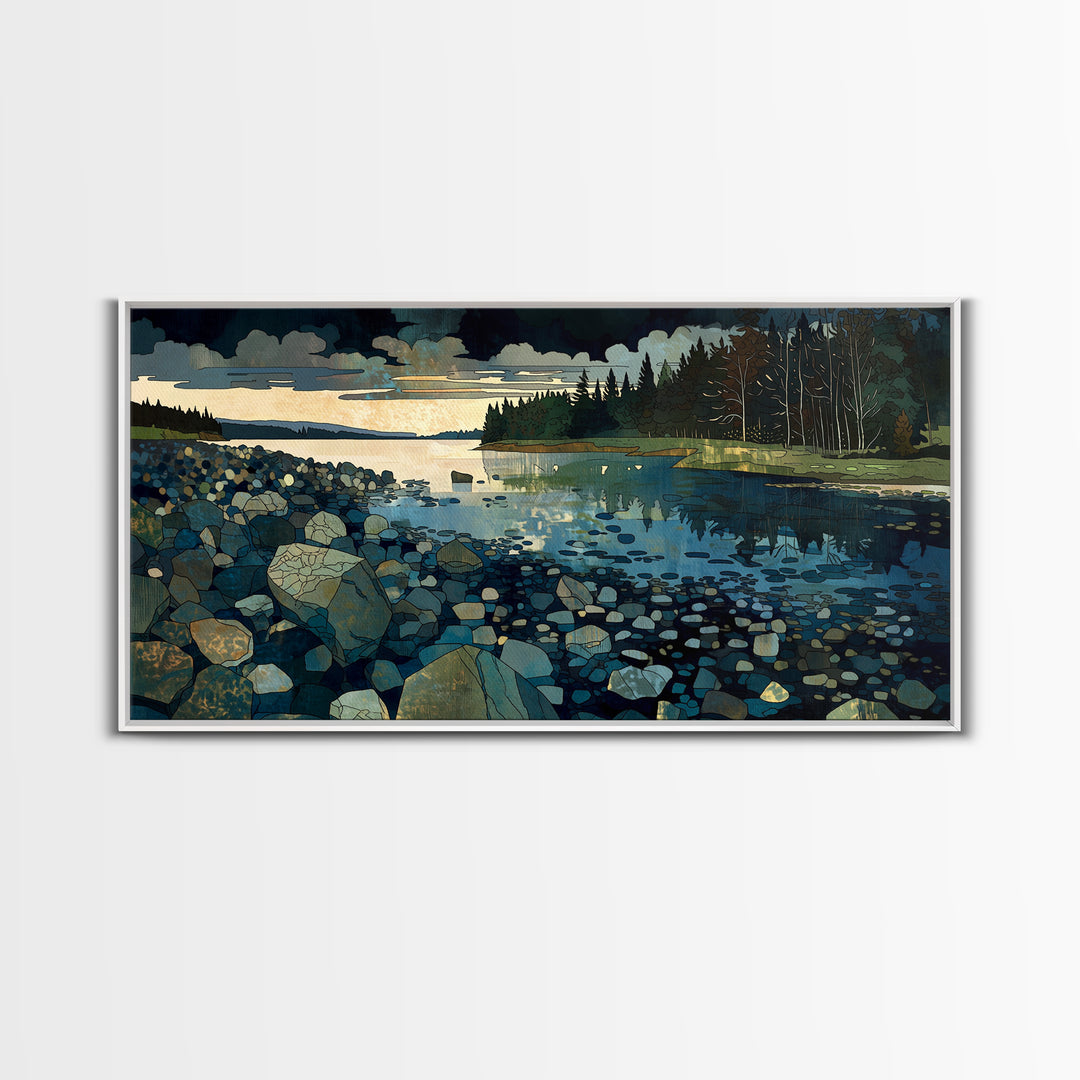 Quiet Abstract River Shape Framed Canvas Print, General Fine Art, Statement Artwork, Living Room Decor, Abstract Art, GEN-2x1-20