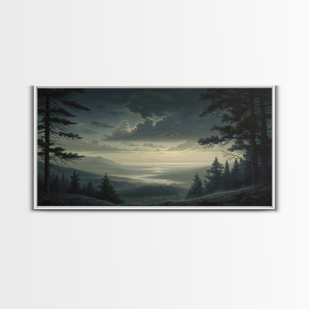Moody Forest Clearing Framed Canvas Print, General Fine Art, Contemporary Art, Living Room Decor, Fine Art, Digital Art, GEN-2x1-28