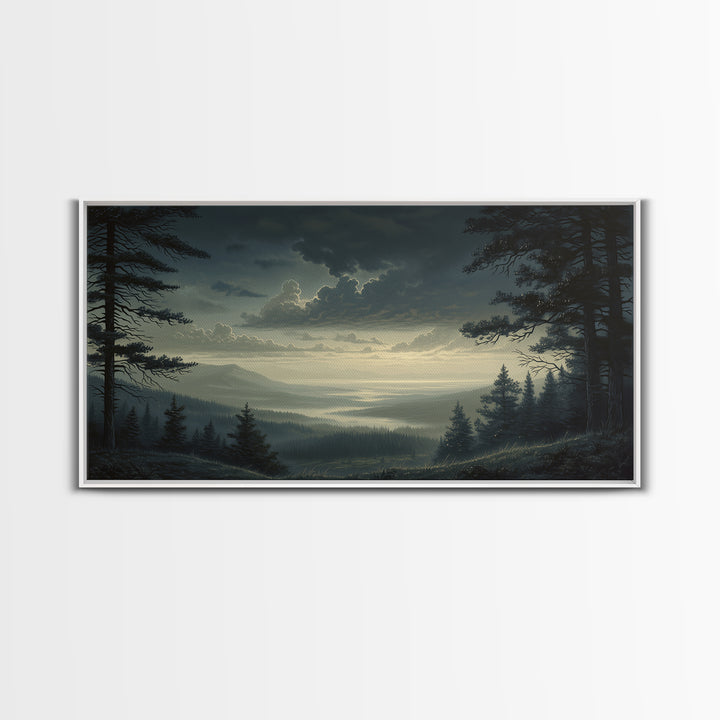 Moody Forest Clearing Framed Canvas Print, General Fine Art, Contemporary Art, Living Room Decor, Fine Art, Digital Art, GEN-2x1-28