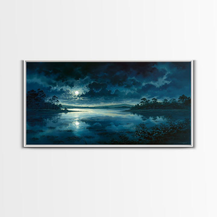 Dreamlike Moonlit Lake Framed Canvas Print, General Fine Art, Art, Living Room Decor, Fine Art, Mid Century Modern, GEN-2x1-33