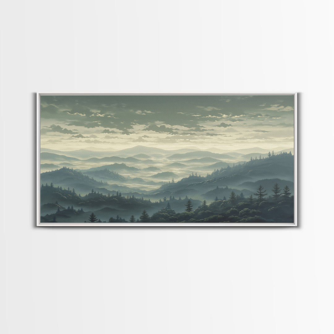 Misty Mountain Valley Framed Canvas Print, General Fine Art, Art Prints, Living Room Decor, Fine Art, Wall Hanging, GEN-2x1-72