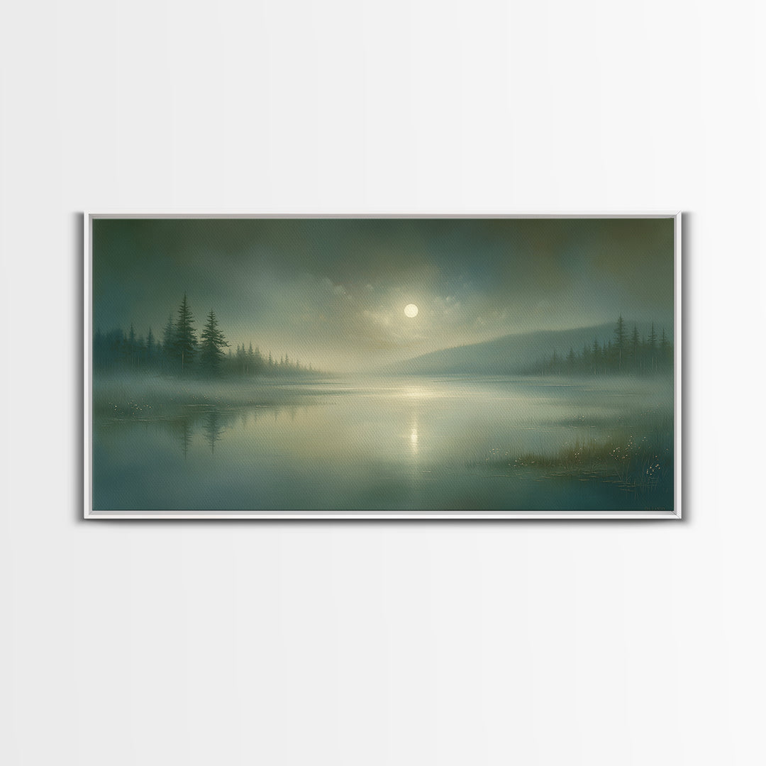 Dreamlike Moonlit Lake Framed Canvas Print, General Fine Art, Wall Art Prints, Living Room Decor, Watercolor Art, GEN-2x1-81