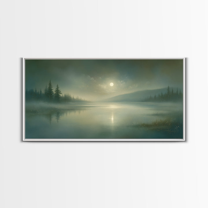 Dreamlike Moonlit Lake Framed Canvas Print, General Fine Art, Wall Art Prints, Living Room Decor, Watercolor Art, GEN-2x1-81