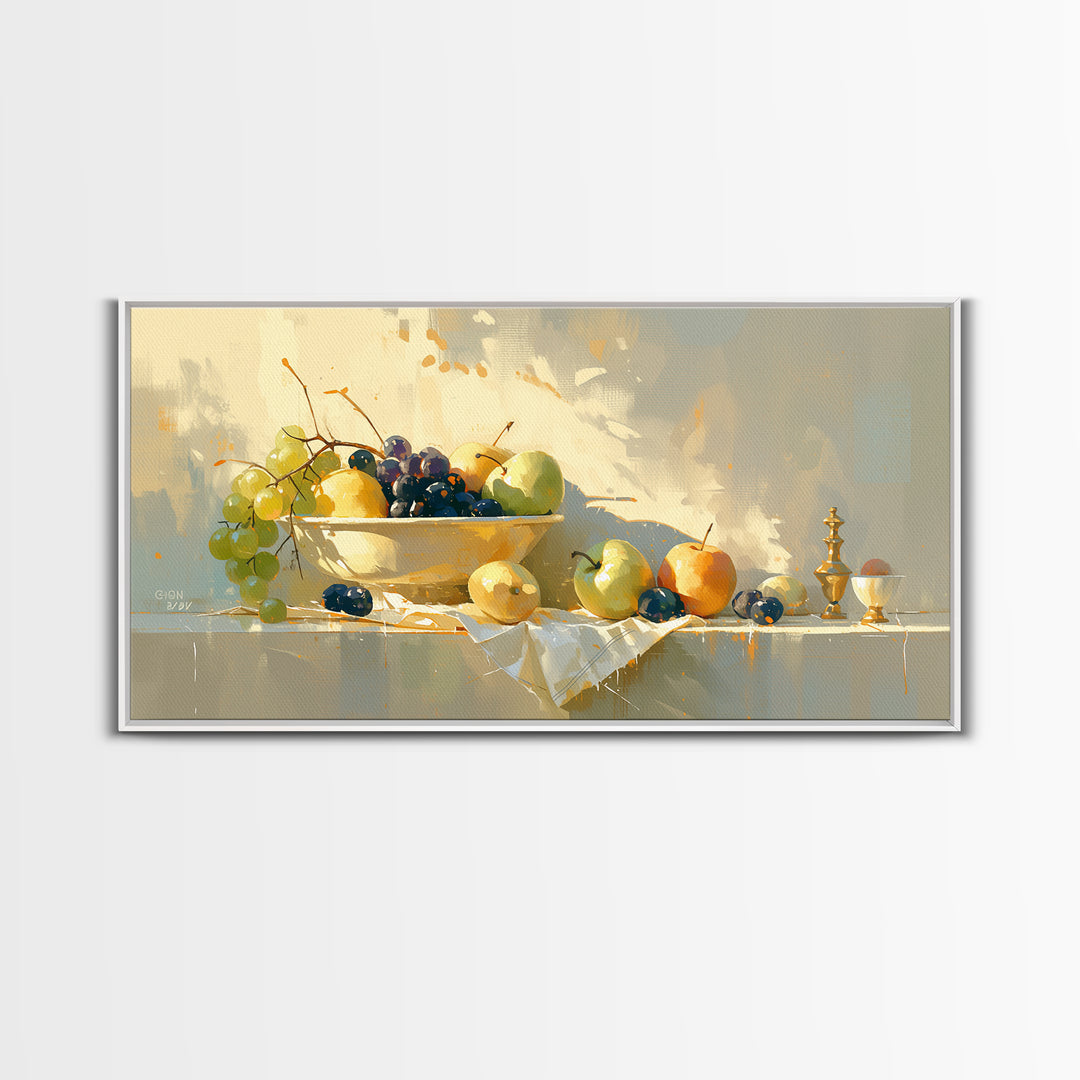 Simple Still Life of Fruit and Linen Framed Canvas Print, General Fine Art, Oil Painting, Living Room Decor, Abstract Art, GEN-2x1-84