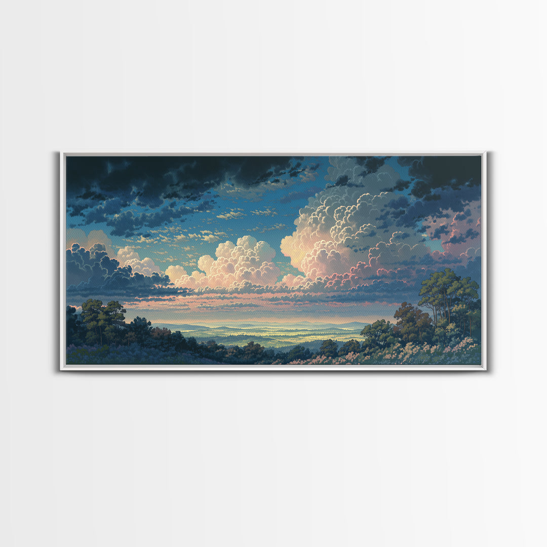 Romantic Cloudscape with Blush and Cream Tones Framed Canvas Print, General Fine Art, Painting, Living Room Decor, Fine Art, GEN-2x1-86