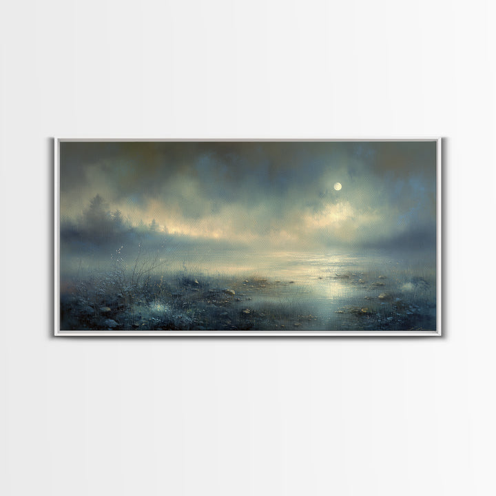 Dreamlike Moonlit Lake Framed Canvas Print, General Fine Art, Art, Living Room Decor, Fine Art, Mid Century Modern, GEN-2x1-9