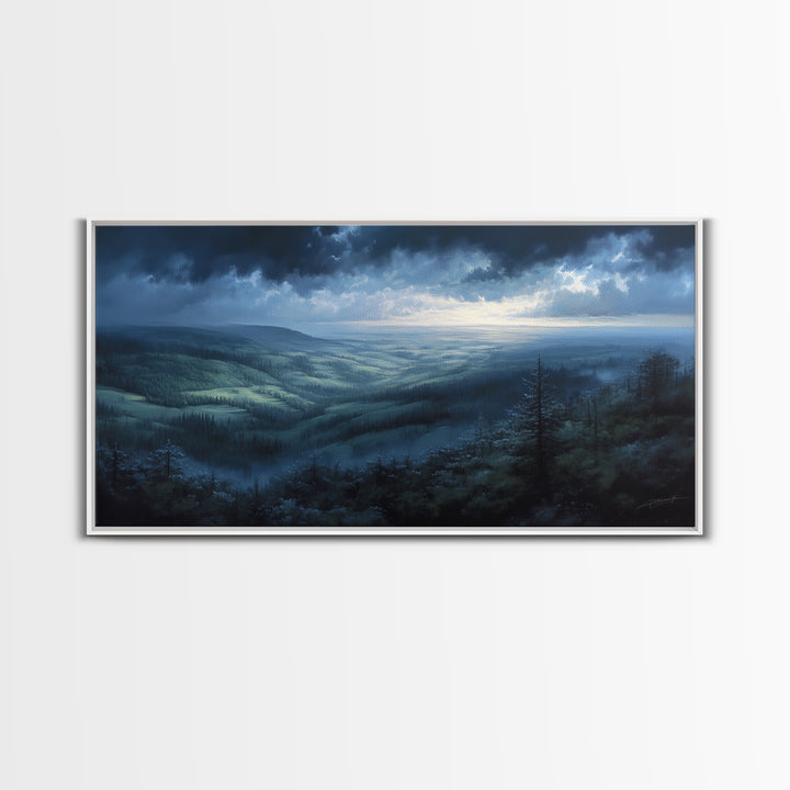 Misty Mountain Valley Framed Canvas Print, General Fine Art, Art Deco, Living Room Decor, Fine Art, Fine Art Print, GEN-2x1-96