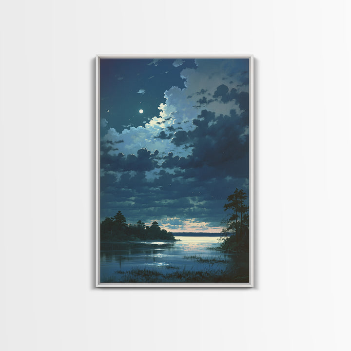 Dreamlike Moonlit Lake Framed Canvas Print, General Fine Art, Decor, Living Room Decor, Fine Art, Digital Wall Art, GEN-2x3-21