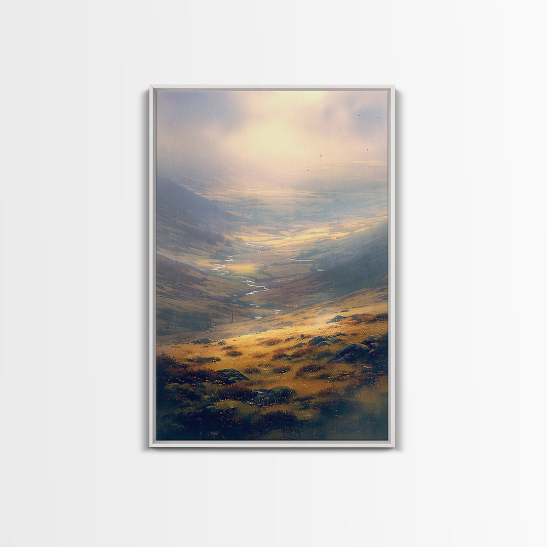 Misty Mountain Valley Framed Canvas Print, General Fine Art, Digital Print, Living Room Decor, Watercolor Art, GEN-2x3-36