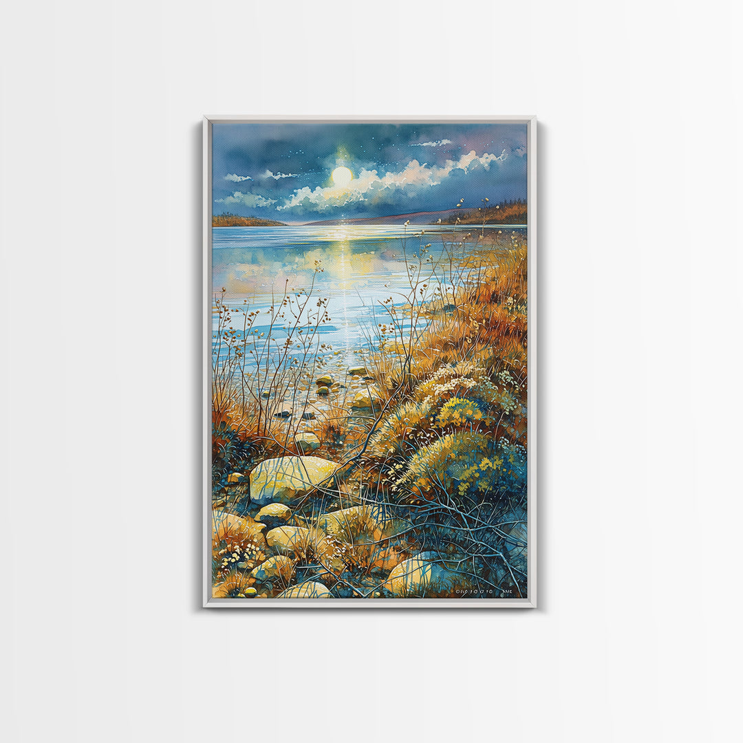 Dreamlike Moonlit Lake Canvas Print, General Fine Art, Printable, Living Room Decor, Oil Painting, Framed Wall Art, GEN-2x3-45