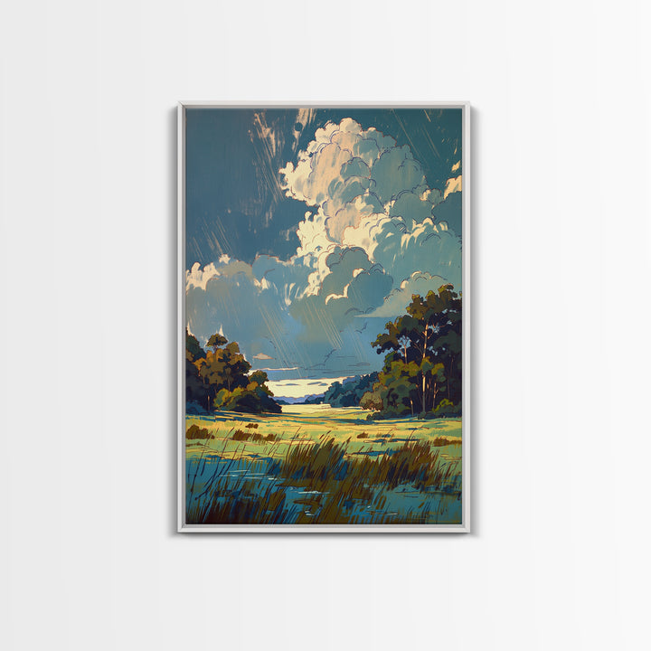 Sunlit Meadow with Loose Impressionist Brushwork Framed Canvas Print, General Fine Art, Poster, Living Room Decor, Fine Art, GEN-2x3-46