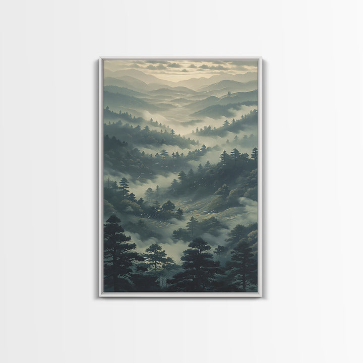 Misty Mountain Valley Framed Canvas Print, General Fine Art, Art Prints, Living Room Decor, Fine Art, Wall Hanging, GEN-2x3-60