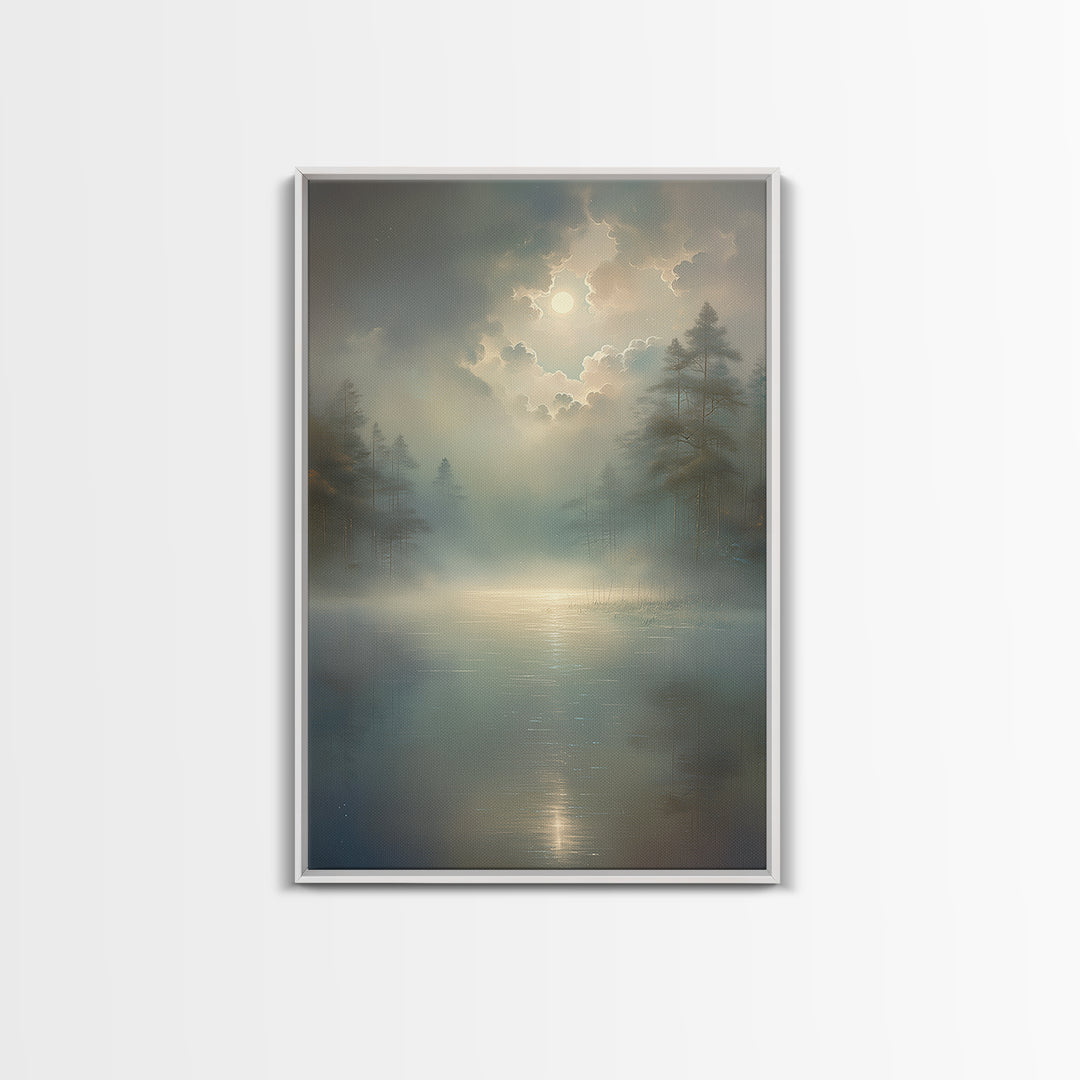 Dreamlike Moonlit Lake Framed Canvas Print, General Fine Art, Oil Painting, Living Room Decor, Fine Art, Gallery Decor, GEN-2x3-69