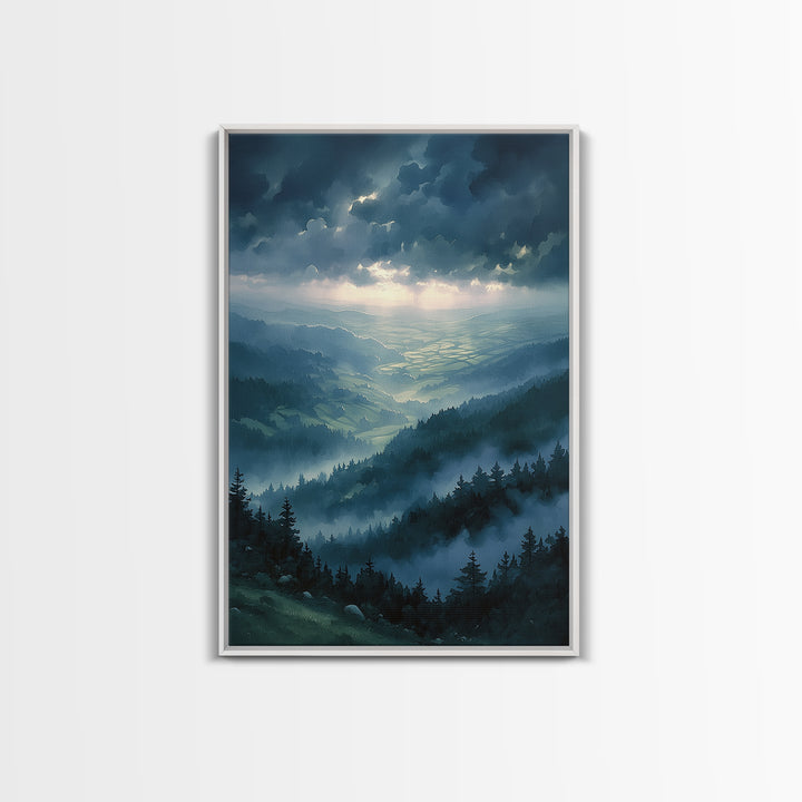 Misty Mountain Valley Framed Canvas Print, General Fine Art, Modern Decor, Living Room Decor, Fine Art, Poster, GEN-2x3-84