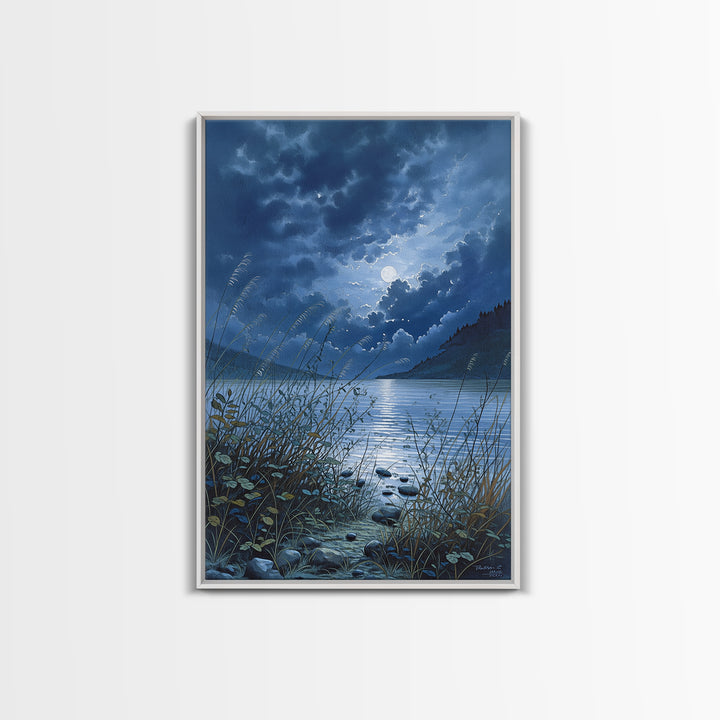 Dreamlike Moonlit Lake Framed Canvas Print, General Fine Art, Oil Painting, Living Room Decor, Fine Art, Gallery Decor, GEN-2x3-93