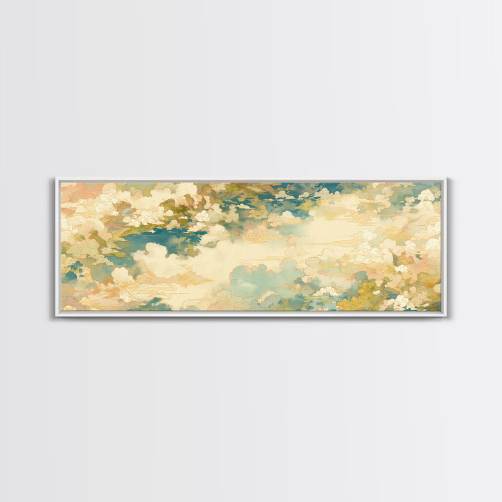Romantic Cloudscape with Blush and Cream Tones Framed Canvas Print, General Fine Art, Painting, Living Room Decor, Fine Art, GEN-3x1-10