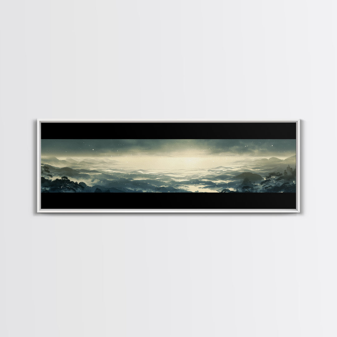 Elegant Ink Wash Landscape Framed Canvas Print, General Fine Art, Framed Wall Art, Living Room Decor, Watercolor Art, GEN-3x1-12