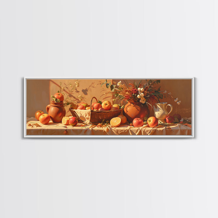 Simple Still Life of Fruit and Linen Framed Canvas Print, General Fine Art, Digital Print, Living Room Decor, Abstract Art, GEN-3x1-32