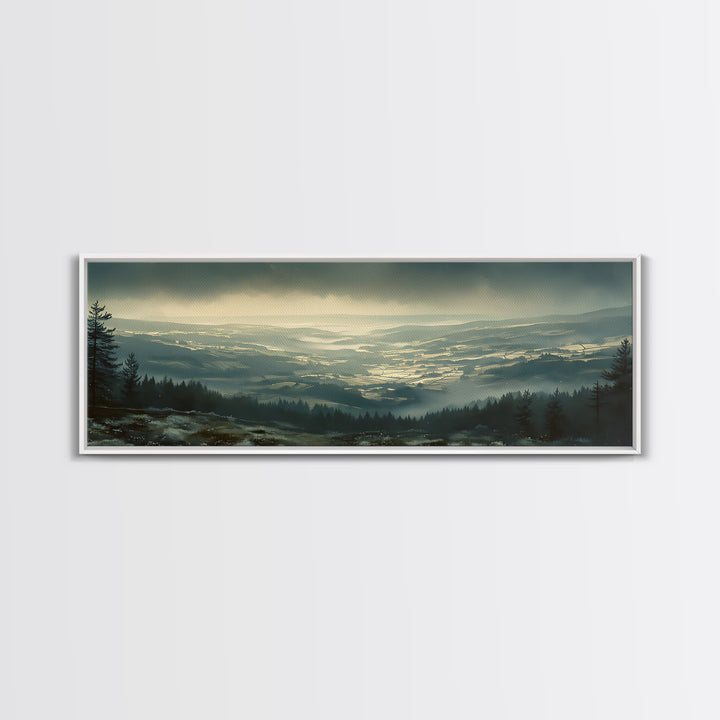 Misty Mountain Valley Framed Canvas Print, General Fine Art, Modern Decor, Living Room Decor, Fine Art, Poster, GEN-3x1-44