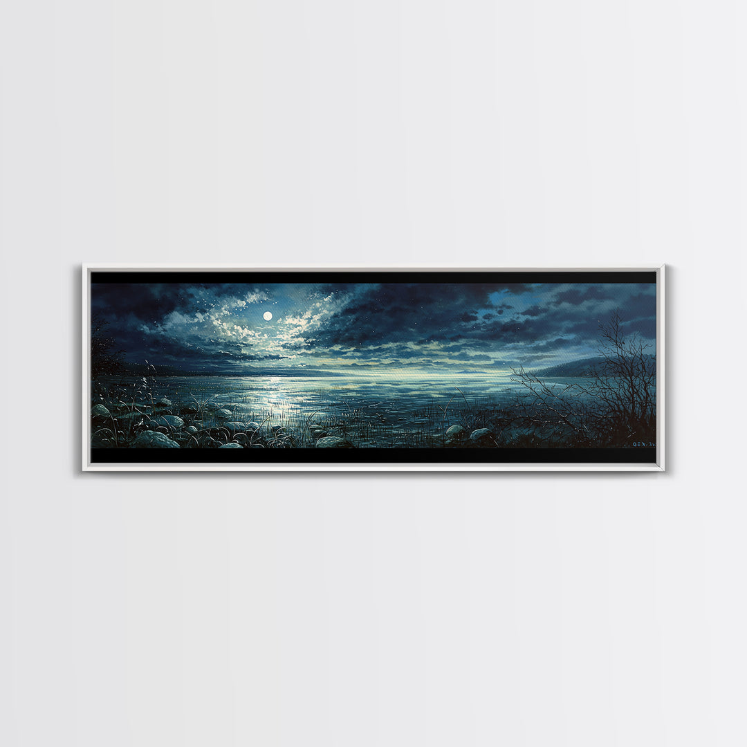 Dreamlike Moonlit Lake Framed Canvas Print, General Fine Art, Wall Art Prints, Living Room Decor, Watercolor Art, GEN-3x1-5
