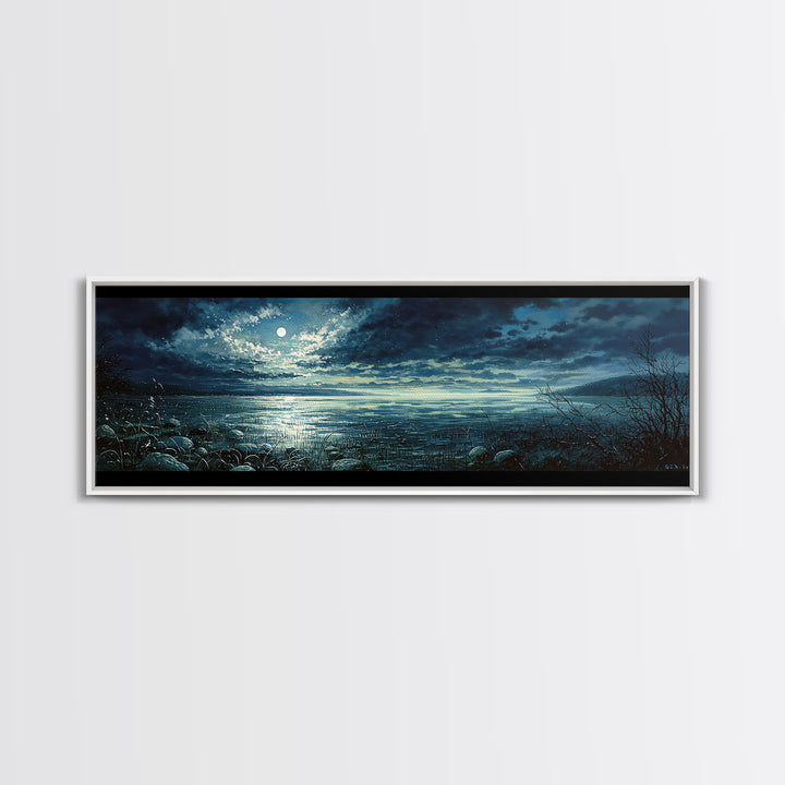 Dreamlike Moonlit Lake Framed Canvas Print, General Fine Art, Wall Art Prints, Living Room Decor, Watercolor Art, GEN-3x1-5
