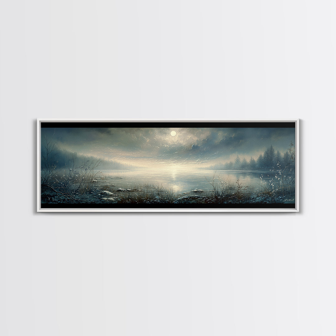 Dreamlike Moonlit Lake Framed Canvas Print, General Fine Art, Abstract Art, Living Room Decor, Oil Painting, GEN-3x1-53