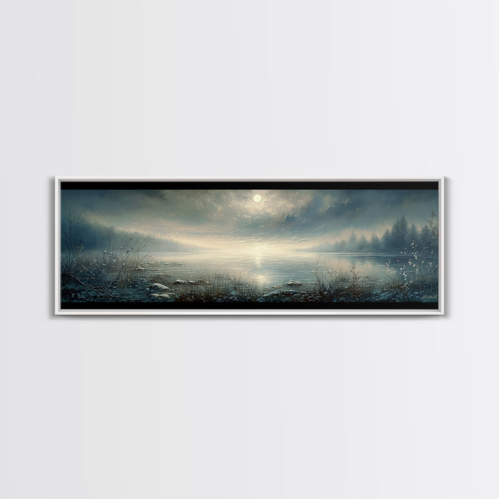 Dreamlike Moonlit Lake Framed Canvas Print, General Fine Art, Abstract Art, Living Room Decor, Oil Painting, GEN-3x1-53