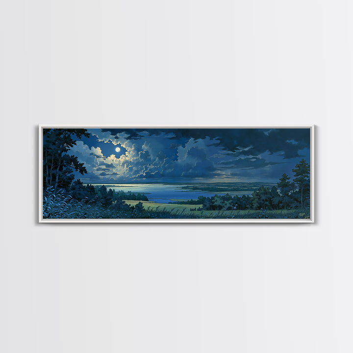 Dreamlike Moonlit Lake Framed Canvas Print, General Fine Art, Abstract Art, Living Room Decor, Oil Painting, GEN-3x1-77
