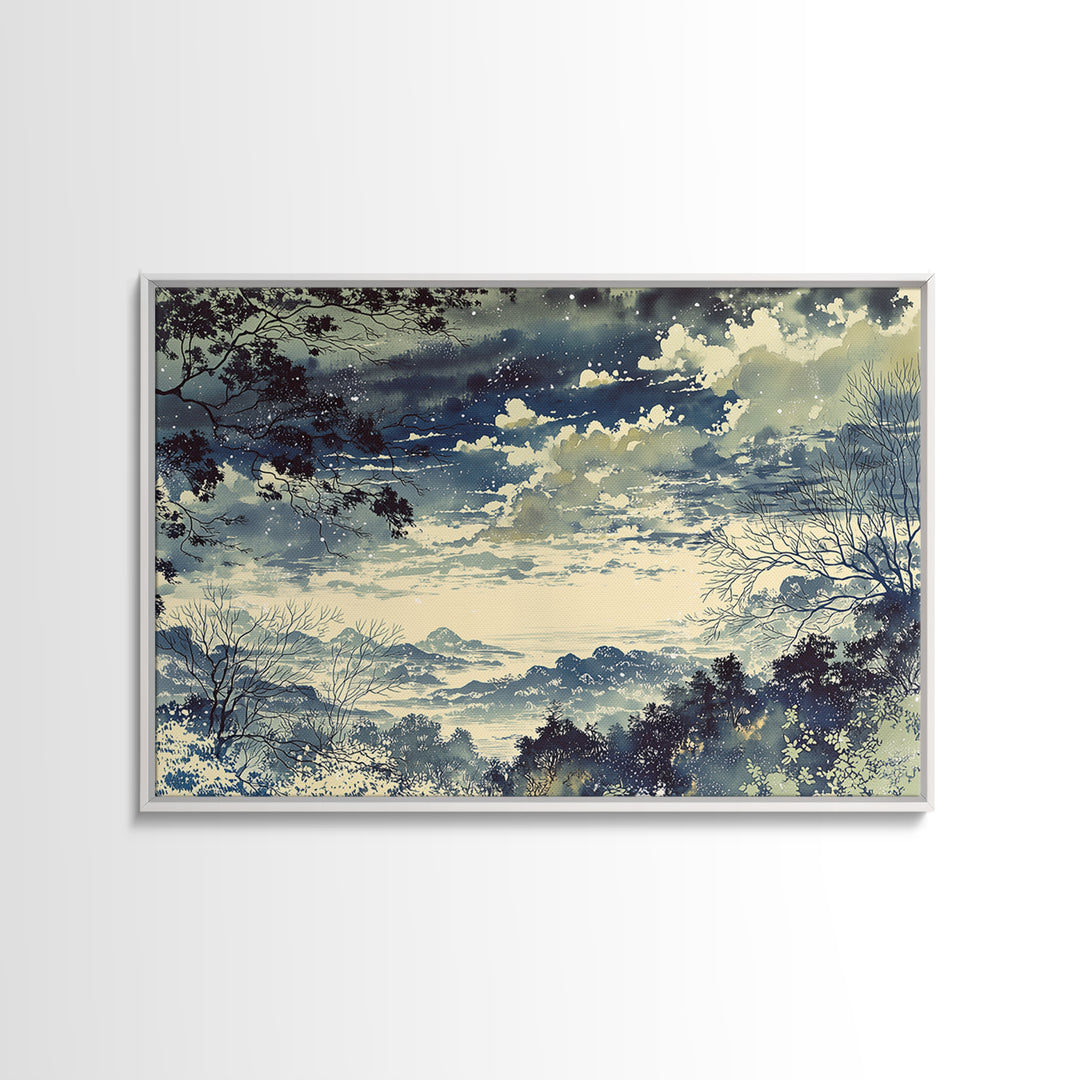 Elegant Ink Wash Landscape Framed Canvas Print, General Fine Art, Framed Wall Art, Living Room Decor, Watercolor Art, GEN-3x2-24