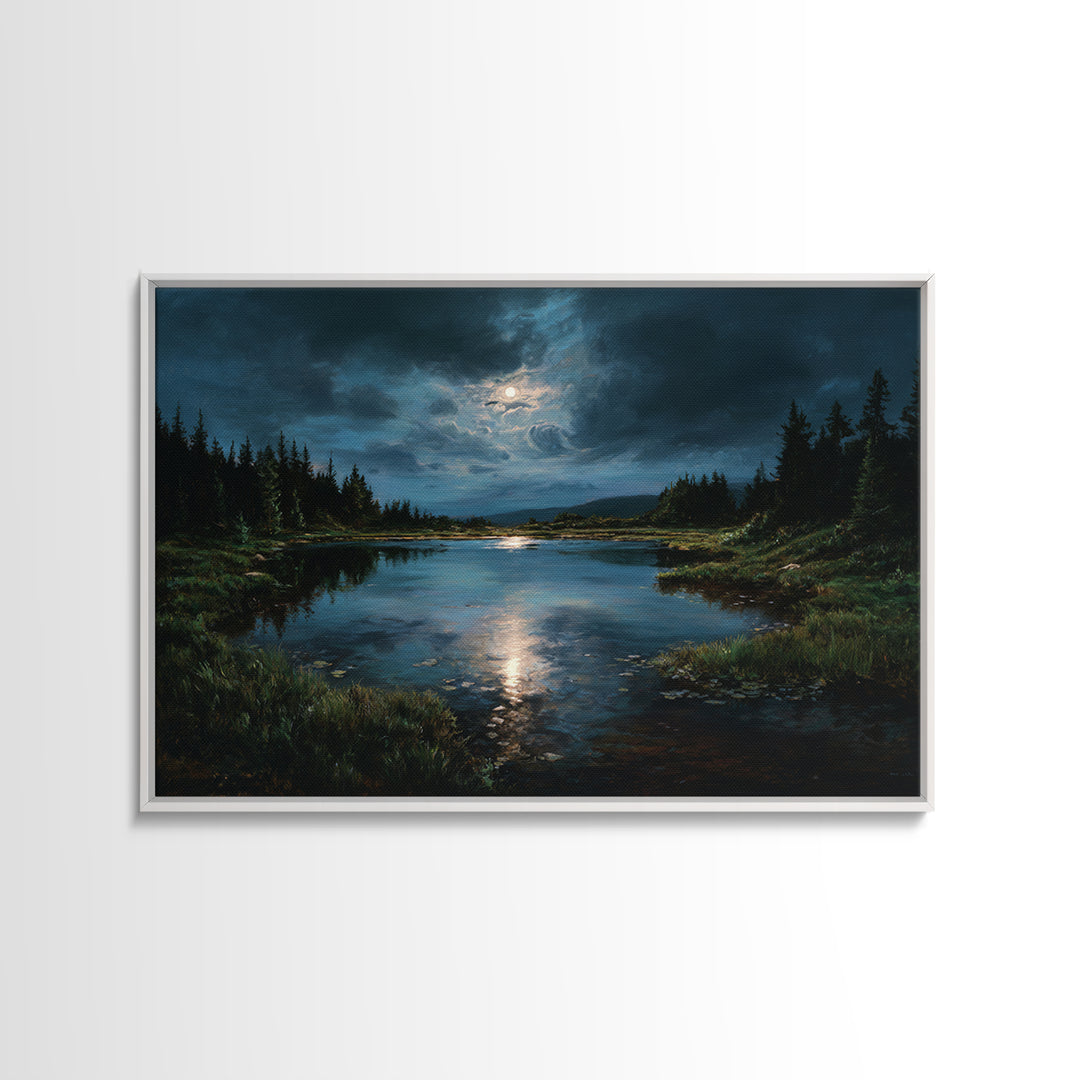 Dreamlike Moonlit Lake Framed Canvas Print, General Fine Art, Digital Print, Living Room Decor, Watercolor Art, GEN-3x2-65