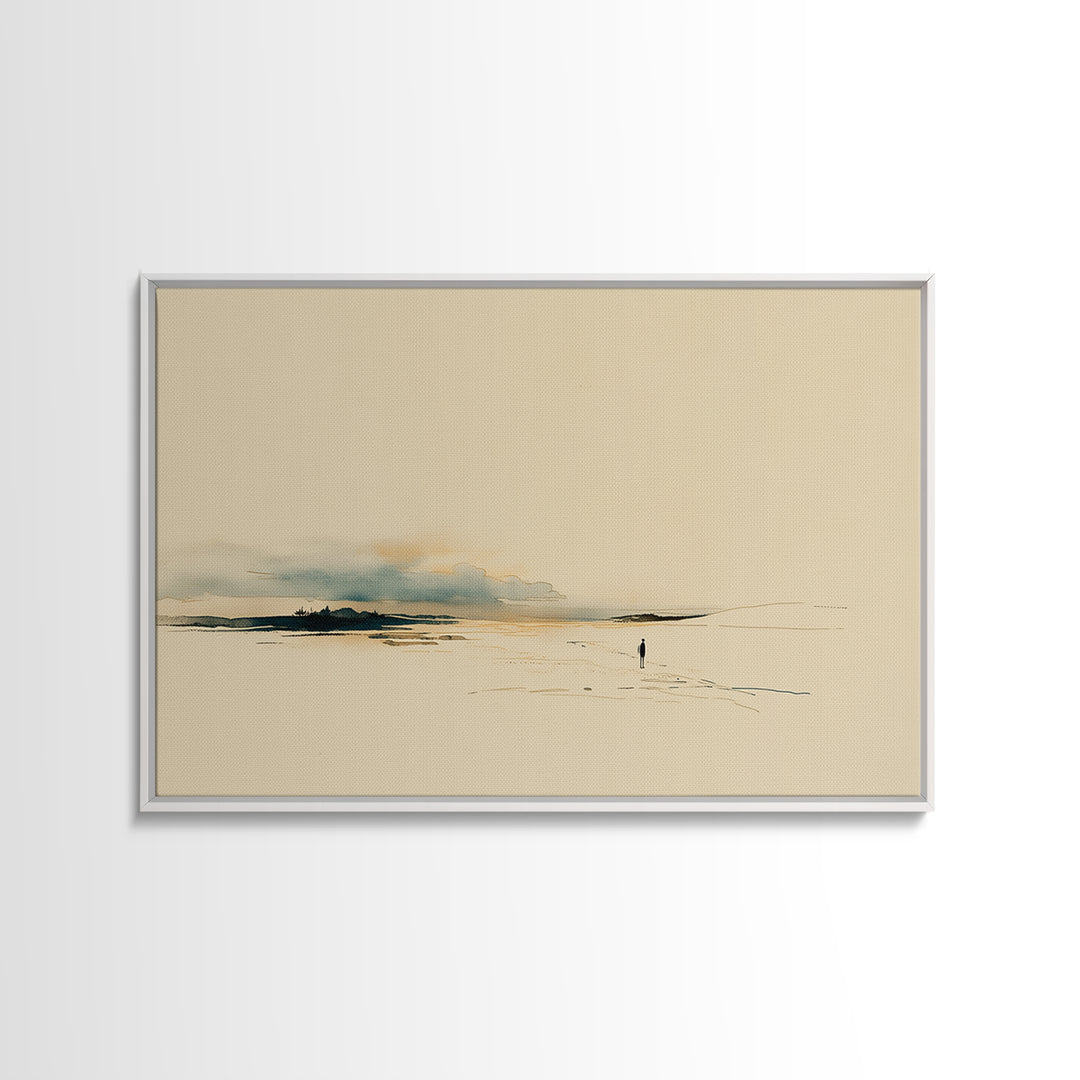 Minimal Black Line Figure on Textured Paper Framed Canvas Print, General Fine Art, Digital Art, Living Room Decor, Fine Art, GEN-3x2-7