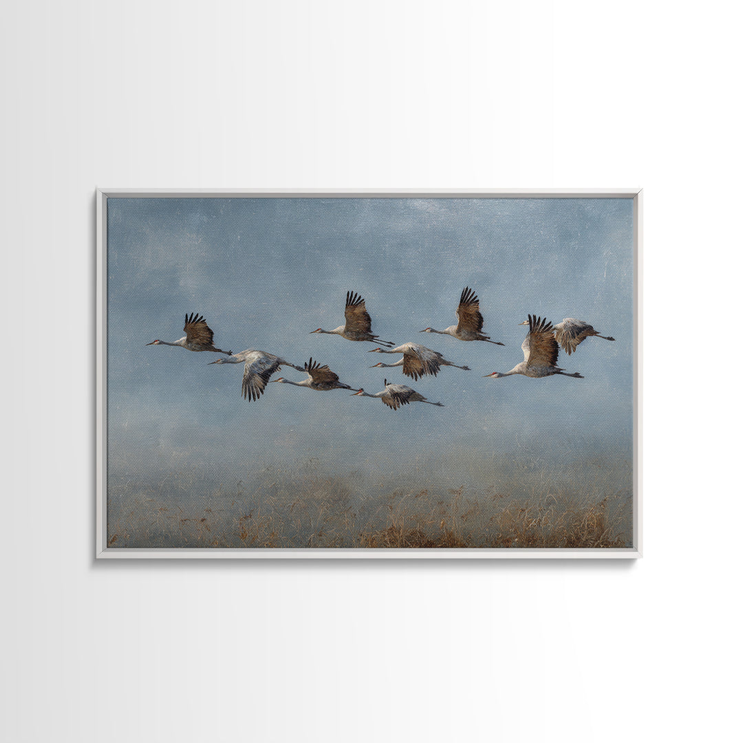 Minimal Birds in Flight over an Open Framed Canvas Print, General Fine Art, Art Deco, Living Room Decor, Oil Painting, GEN-3x2-74