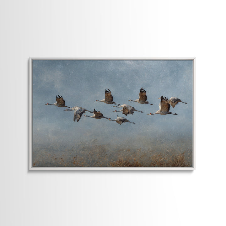 Minimal Birds in Flight over an Open Framed Canvas Print, General Fine Art, Art Deco, Living Room Decor, Oil Painting, GEN-3x2-74