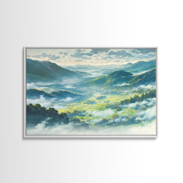 Misty Mountain Valley Framed Canvas Print, General Fine Art, Art Deco, Living Room Decor, Fine Art, Fine Art Print, GEN-3x2-8