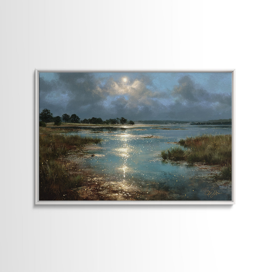 Dreamlike Moonlit Lake Canvas Print, General Fine Art, Boho Decor, Living Room Decor, Fine Art, Wall Decor, Painting, GEN-3x2-89