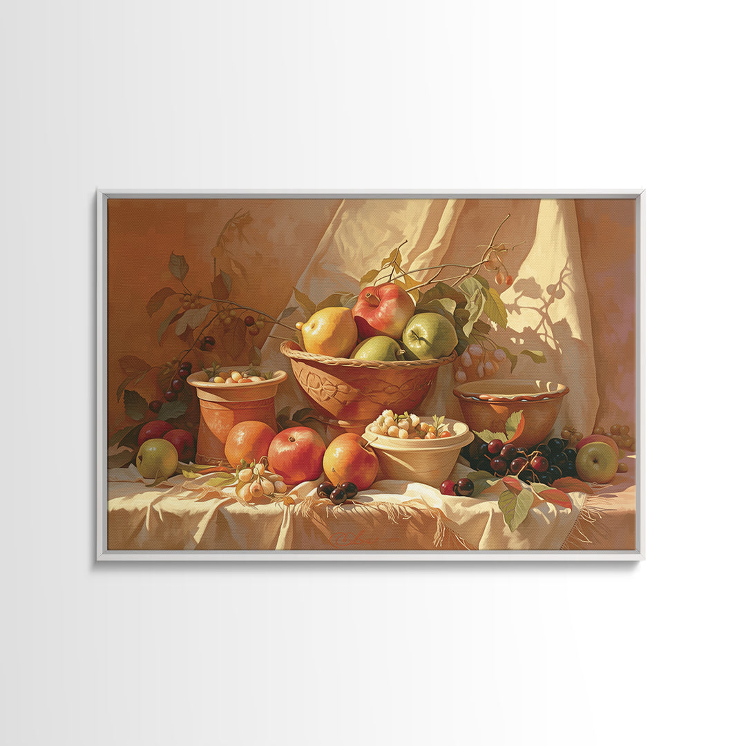 Simple Still Life of Fruit and Linen Framed Canvas Print, General Fine Art, Art, Living Room Decor, Abstract Art, GEN-3x2-92