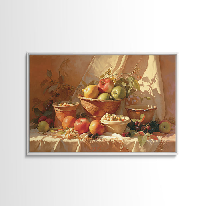 Simple Still Life of Fruit and Linen Framed Canvas Print, General Fine Art, Art, Living Room Decor, Abstract Art, GEN-3x2-92
