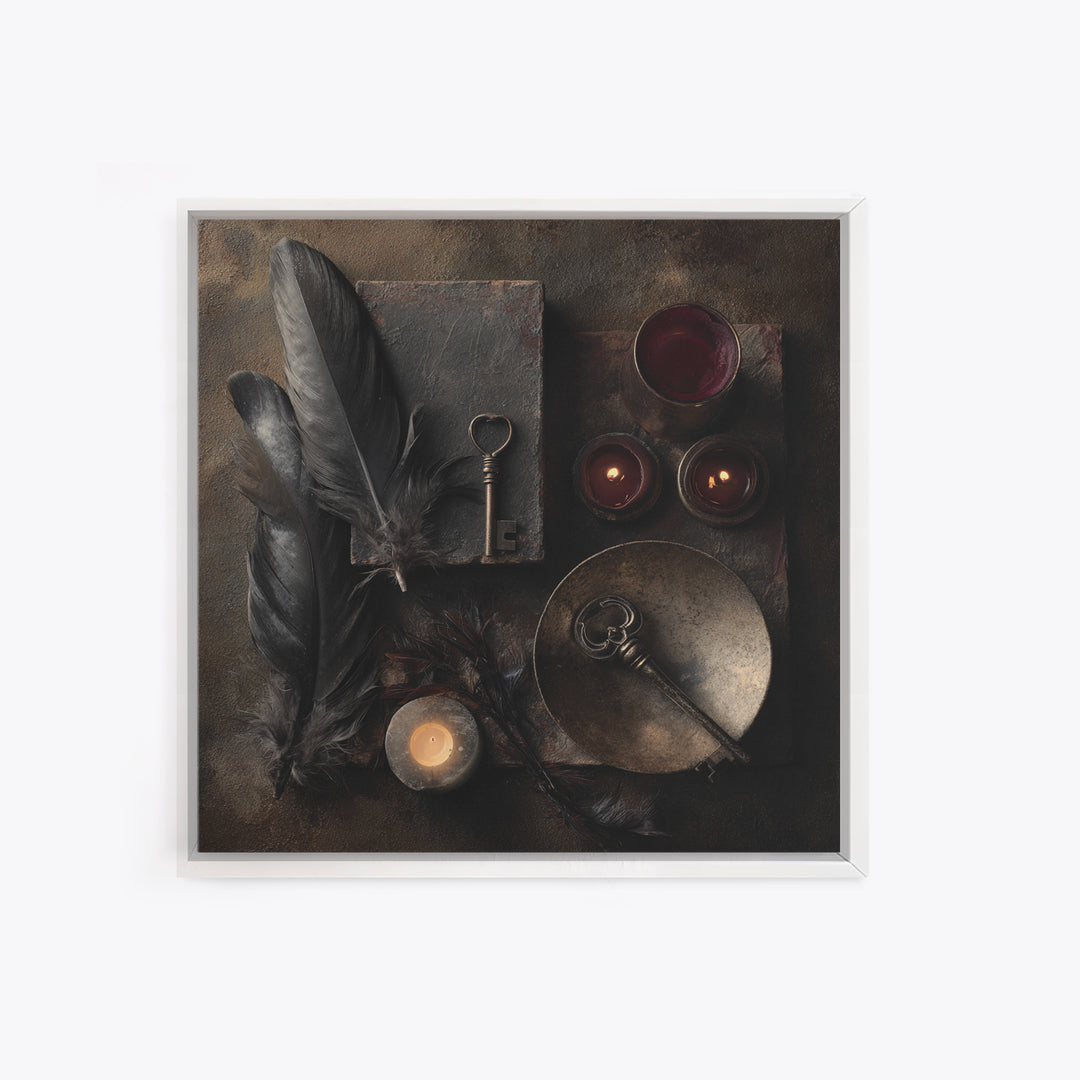 Crow Feathers and Antique Key Still Life Framed Canvas Print, Gothic Art, Halloween Decor, Living Room Decor, Fine Art, Gothic, GOT-1x1-12