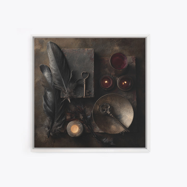 Crow Feathers and Antique Key Still Life Framed Canvas Print, Gothic Art, Halloween Decor, Living Room Decor, Fine Art, Gothic, GOT-1x1-12