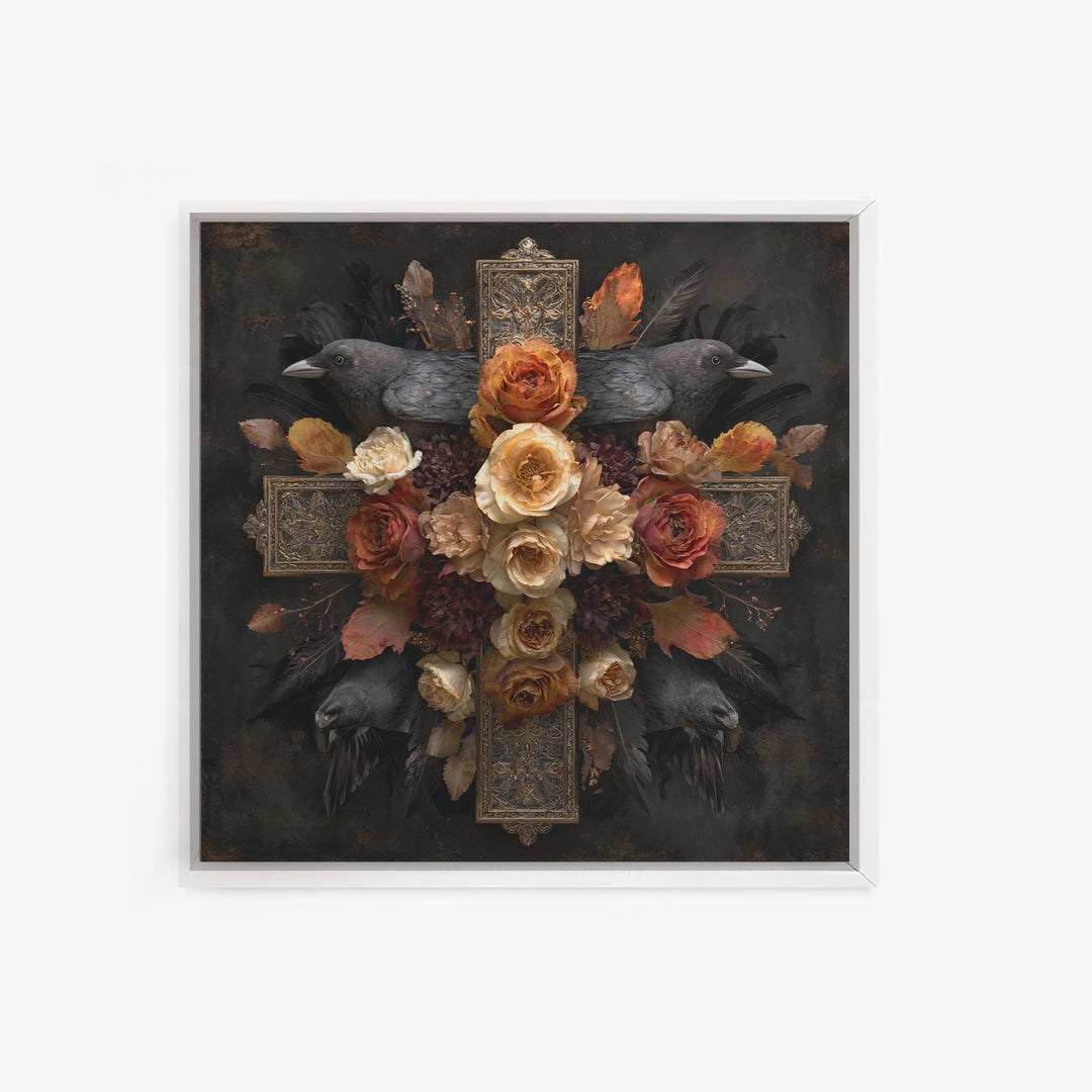 Ornate Cross and Roses Dramatic Still Life Canvas Print, Gothic Art, Art Print, Living Room Decor, Gothic, Whimsigoth Decor, GOT-1x1-20