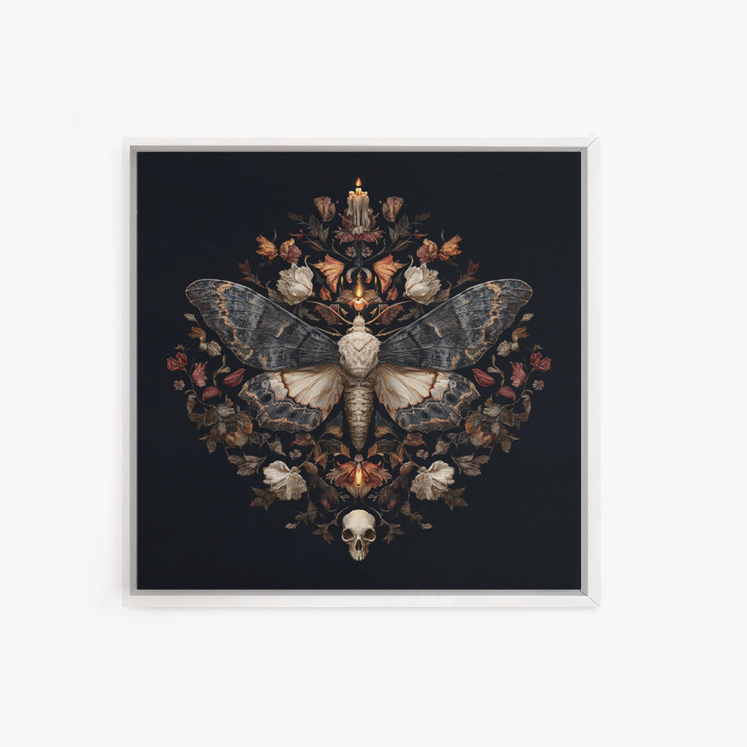 Moth and Skull Composition on Black Velvet Framed Canvas Print, Gothic Art, Gothic Wall Art, Living Room Decor, Gothic, GOT-1x1-39