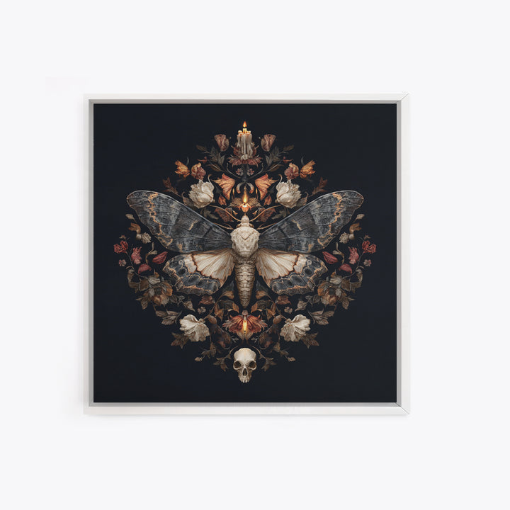 Moth and Skull Composition on Black Velvet Framed Canvas Print, Gothic Art, Gothic Wall Art, Living Room Decor, Gothic, GOT-1x1-39