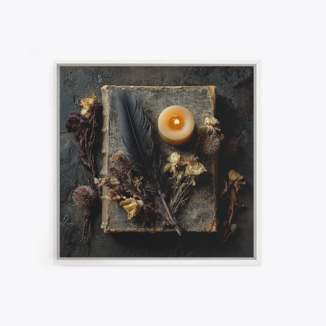 Candlelit Book and Dried Flowers Still Life Framed Canvas Print, Gothic Art, Canvas Painting, Living Room Decor, Gothic, GOT-1x1-42