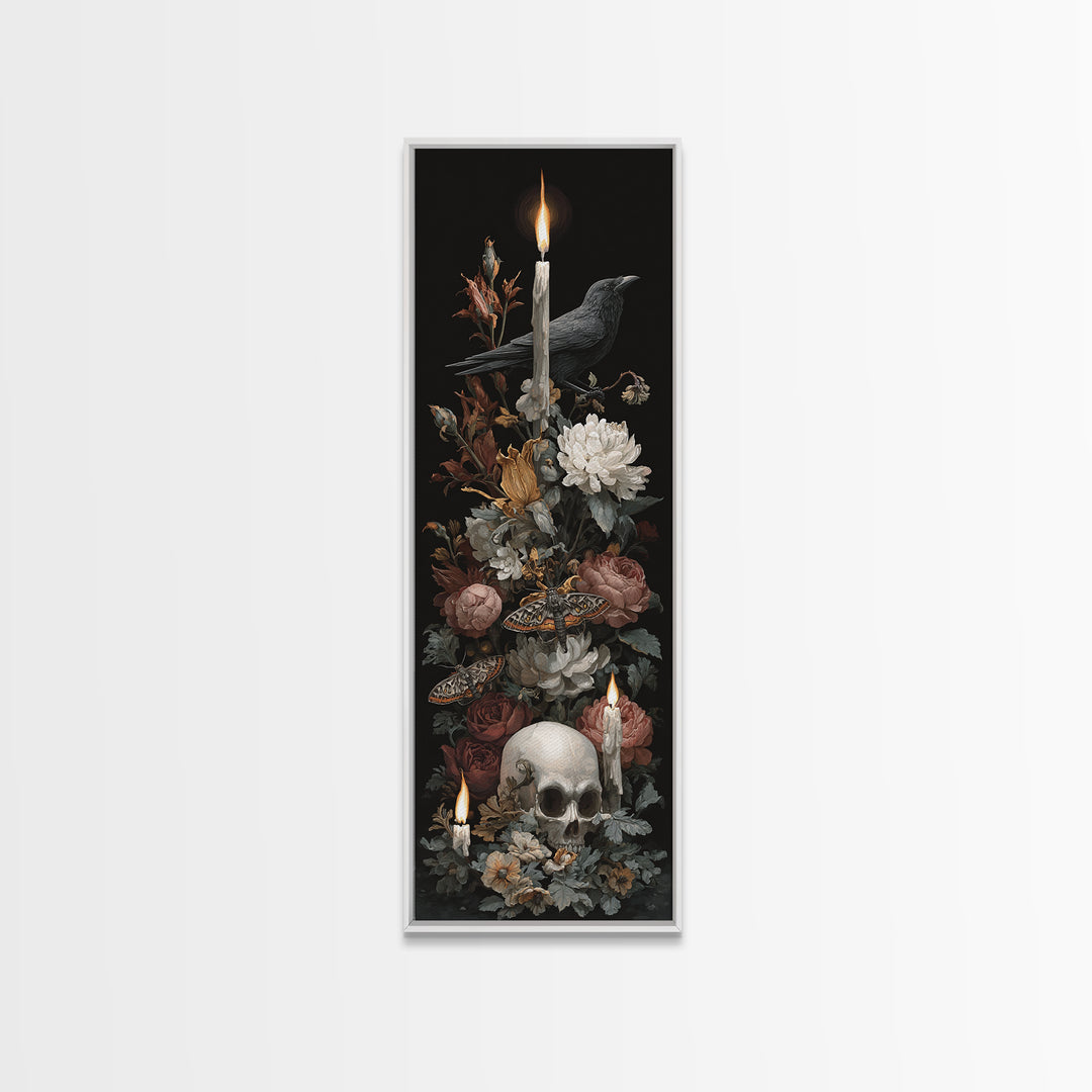 Moth and Skull Composition on Black Velvet Canvas Print, Gothic Art, Art Prints, Living Room Decor, Oil Painting, Gothic, GOT-1x3-27