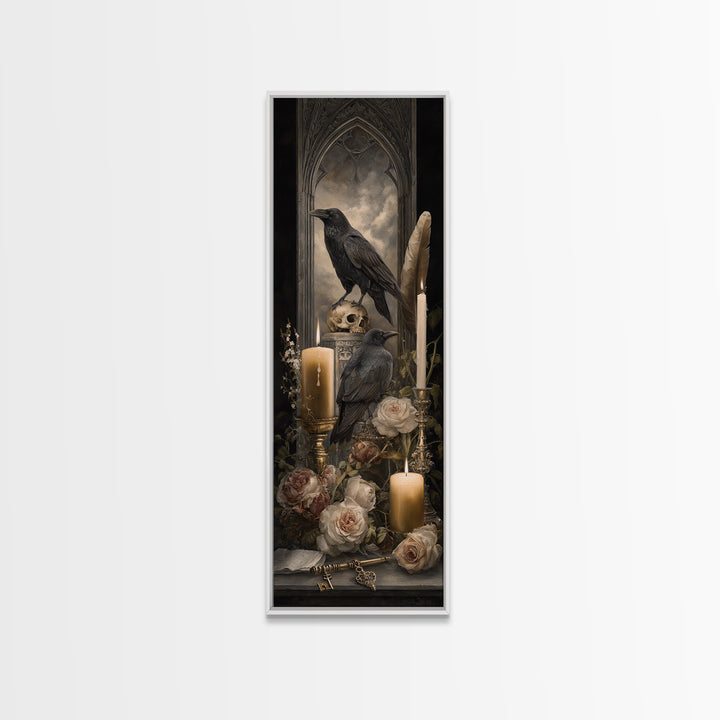 Crow Feathers and Antique Key Still Life Canvas Print, Gothic Art, Art Nouveau, Living Room Decor, Gothic, Dark Academia Art, GOT-1x3-72