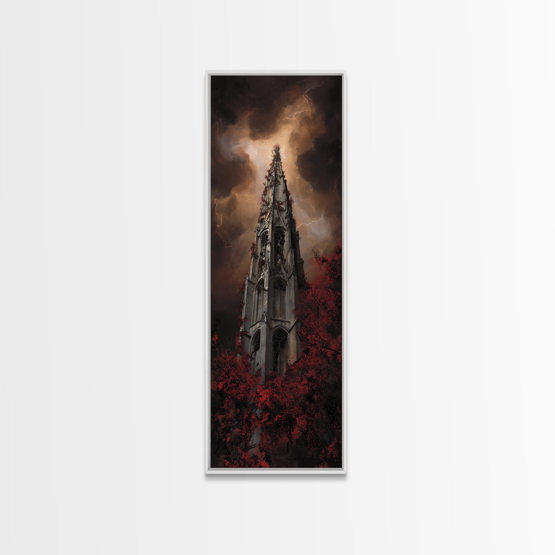 Cathedral Spire Beneath Lightning Clouds Framed Canvas Print, Gothic Art, Black and White Art, Living Room Decor, Gothic, GOT-1x3-74