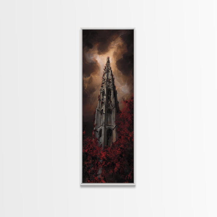 Cathedral Spire Beneath Lightning Clouds Framed Canvas Print, Gothic Art, Black and White Art, Living Room Decor, Gothic, GOT-1x3-74