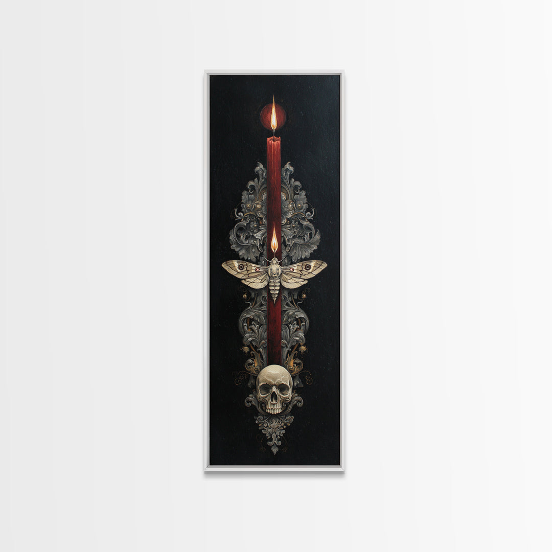 Moth and Skull Composition on Black Velvet Framed Canvas Print, Gothic Art, Living Room Decor, Fine Art, Gothic, Modern Decor, GOT-1x3-75