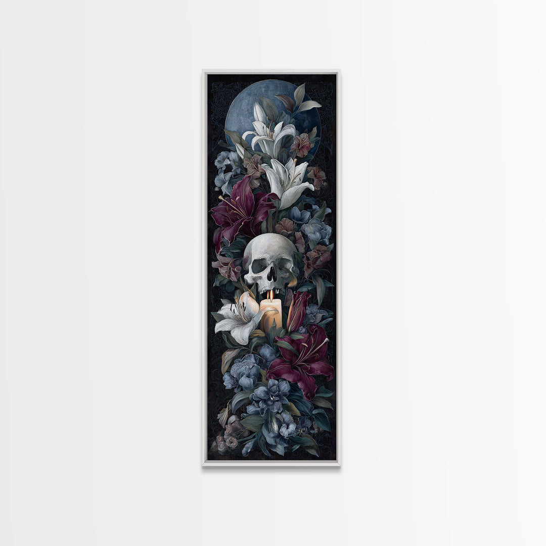 Skull Surrounded by Lilies and Candles Canvas Print, Gothic Art, Halloween Art, Living Room Decor, Gothic, Neutral Decor, GOT-1x3-89